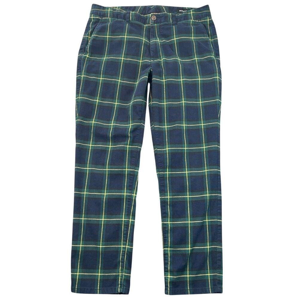 Bonobos Tartan Plaid Stretch Chino Pants Navy Green Yellow Mens 35x28.5